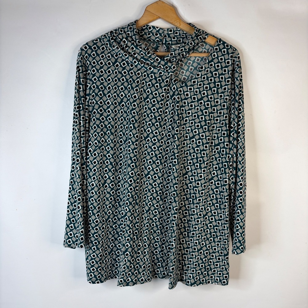 Cato Blouse Women 22/24W Teal Geometric Cutout Neck Long Sleeve Top
